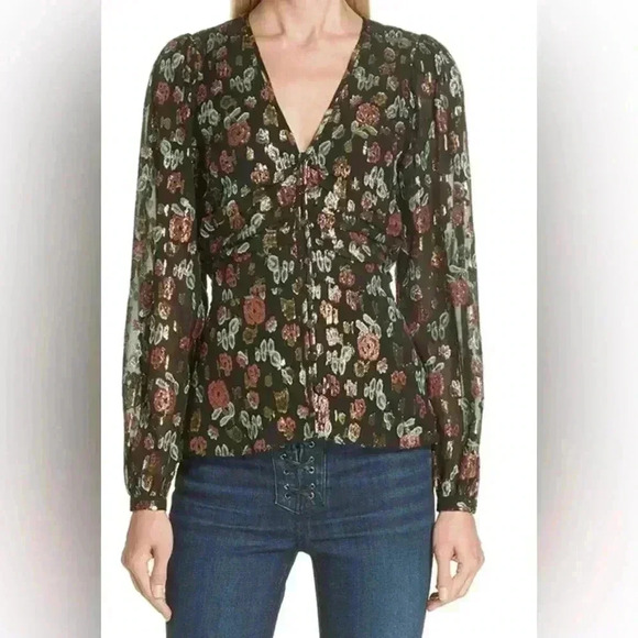 Veronica Beard Joyce Metallic Floral Silk Blend Blouse Black Gold Size XS - Picture 1 of 6